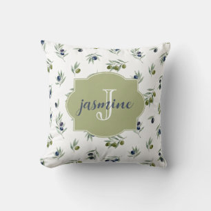 Coussin Motif monogrammé vert olive Aquarelle élégante