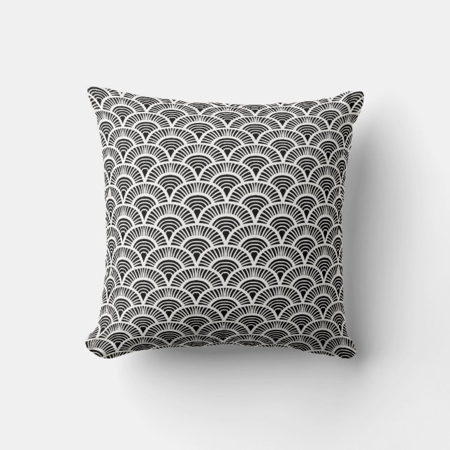 Coussin Motif nautique de Seigaiha noir et blanc (Recto)