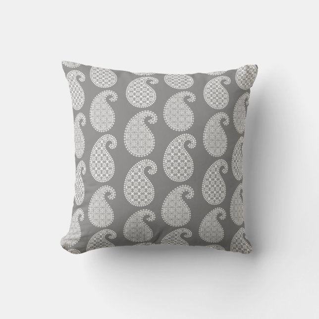 Coussin Motif Paisley, gris argenté et blanc (Recto)