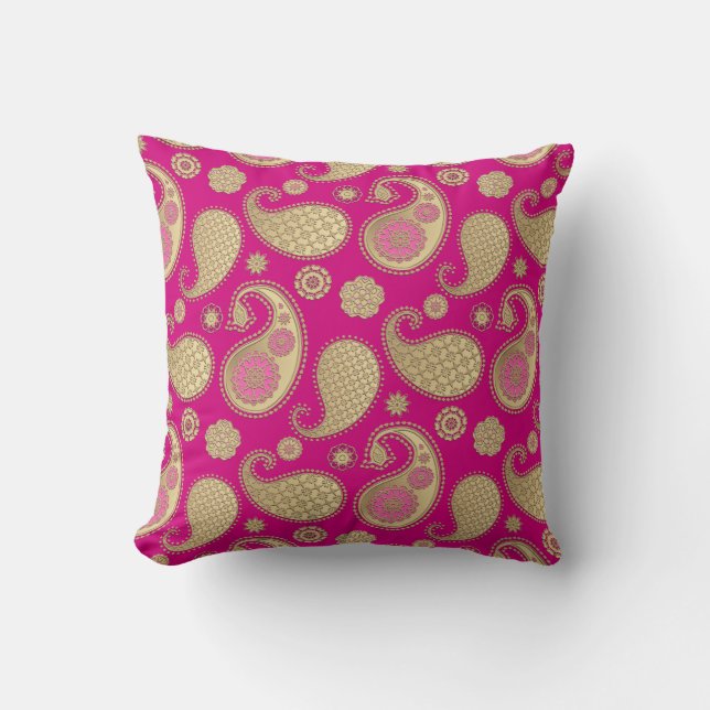 Coussin Motif Paisley, Or doux sur le rose Fuchsia profond (Recto)