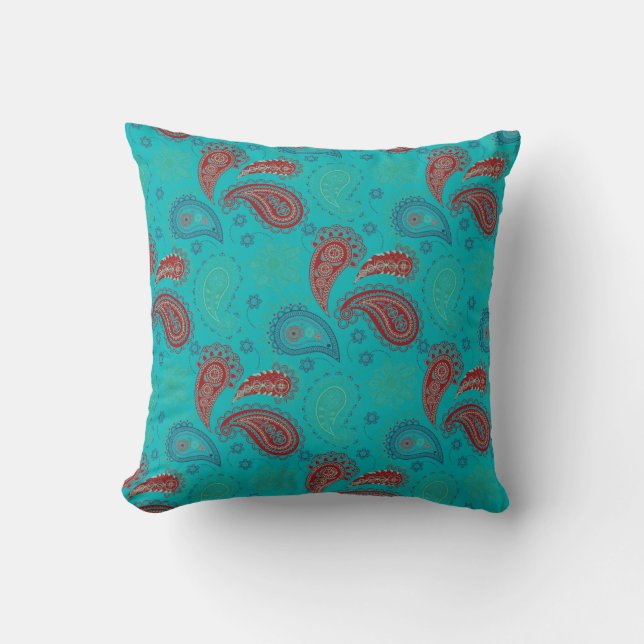 Coussin Motif Paisley Rouge Turquoise (Recto)