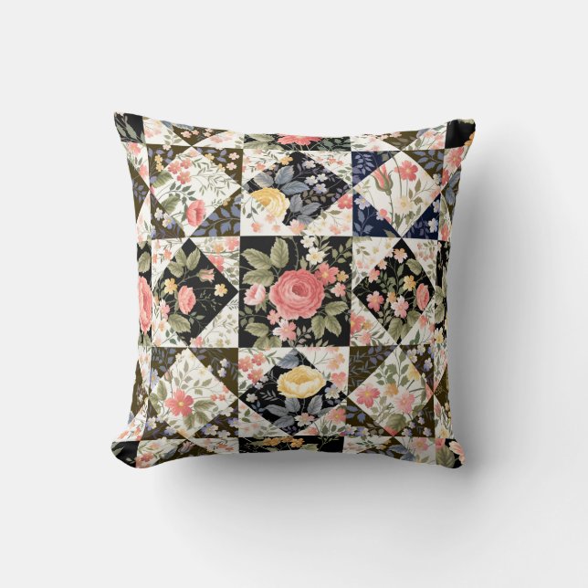 Coussin motif patchwork transparent avec fleurs (Recto)