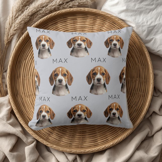 Coussin Motif personnalisé de photo et nom de chien bleu g (Créateur téléchargé)