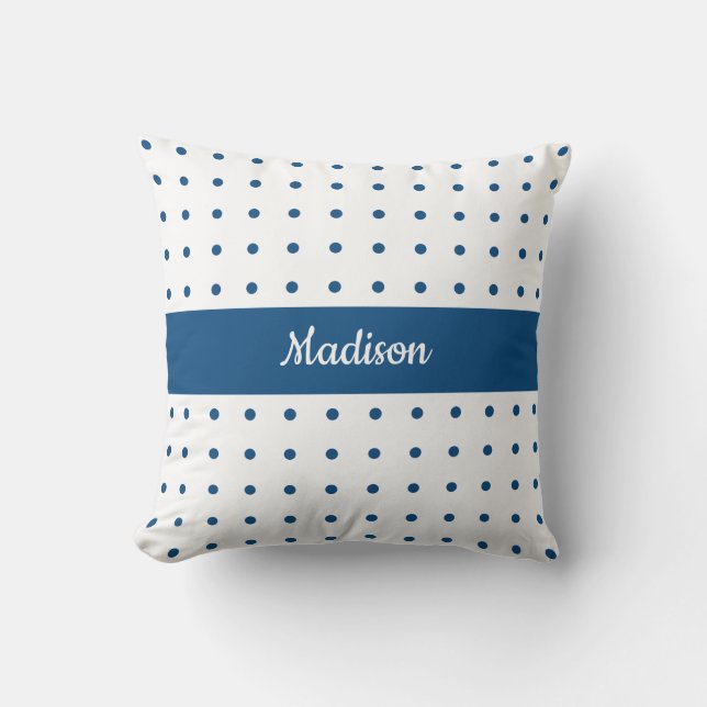 Coussin Motif Polka bleu classique en blanc avec nom (Recto)
