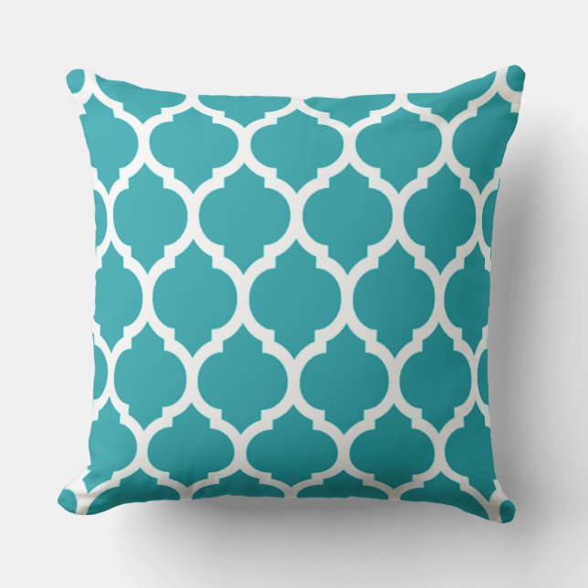 Coussin Motif Quatrefeuille Marocain Bleu Vert et Blanc (Recto)