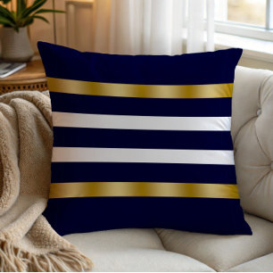Coussin Motif rayures bleues et blanches accents or