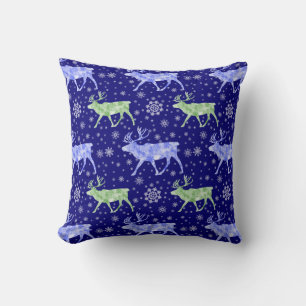 Coussin Motif Rennes et Flocons de Neige Bleu et Vert