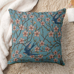 Coussin Motif rétro à fleurs bleues et hirondelles par Wal