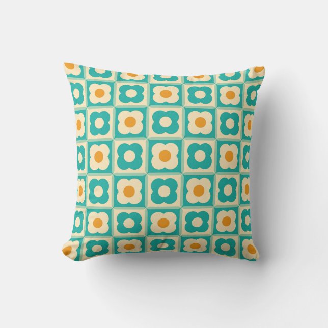 Coussin Motif Retro Floral Checker Turquoise, Crème, Orang (Recto)