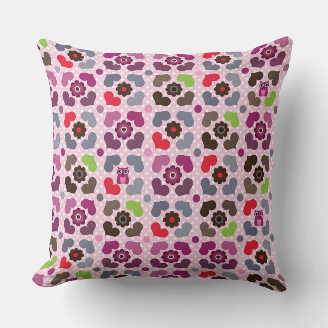 Coussin motif rose de fleurs et de hiboux (Recto)