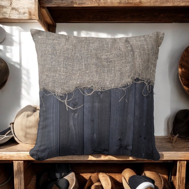 Coussin Motif Rustique Burlap et Barn Wood (Perfect for western decor.)