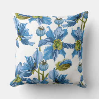 Coussin Motif sans couture avec fleurs bleues de pavot.