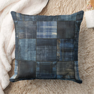 Coussin Motif sans couture patchwork denim indigo