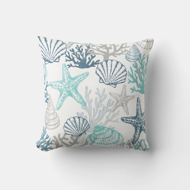 Coussin Motif Seashell Starfish Bleu Et Turquoise (Recto)
