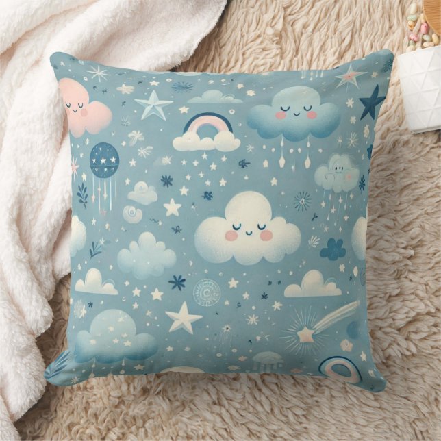 Coussin Motif Sky Whimsical avec nuages, étoiles - Bleu (Couverture)