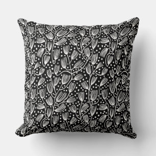 Coussin Motif style tissu-écorce - blanc sur noir