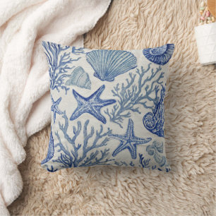 Coussin Motif Toile Côtière Bleue Coquillage Corail