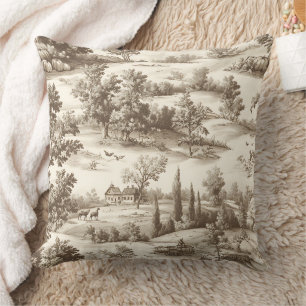 Coussin Motif Toile de Jouy Sépia Cottagecore de la récolt
