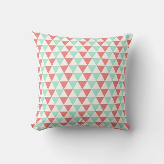 Coussin Motif triangle corail rose et menthe vert (Recto)