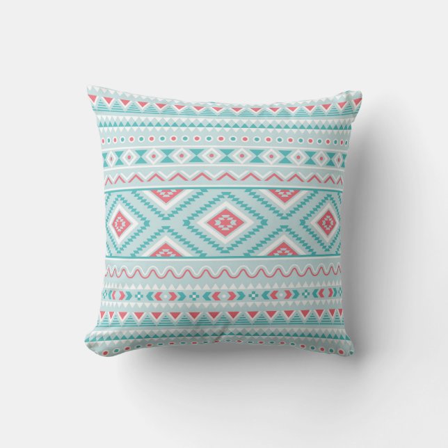 Coussin Motif tribal aztèque turquoise et rose (Recto)