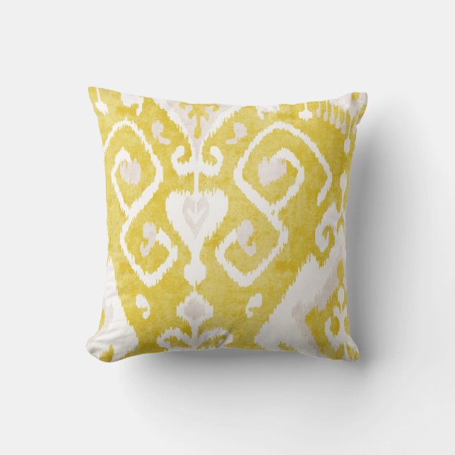 Coussin Motif tribal chic d'ikat jaune et gris de damassé (Recto)