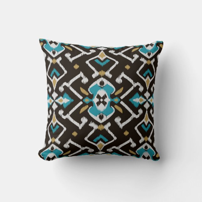 Coussin Motif tribal d'ikat turquoise noir géométrique (Recto)