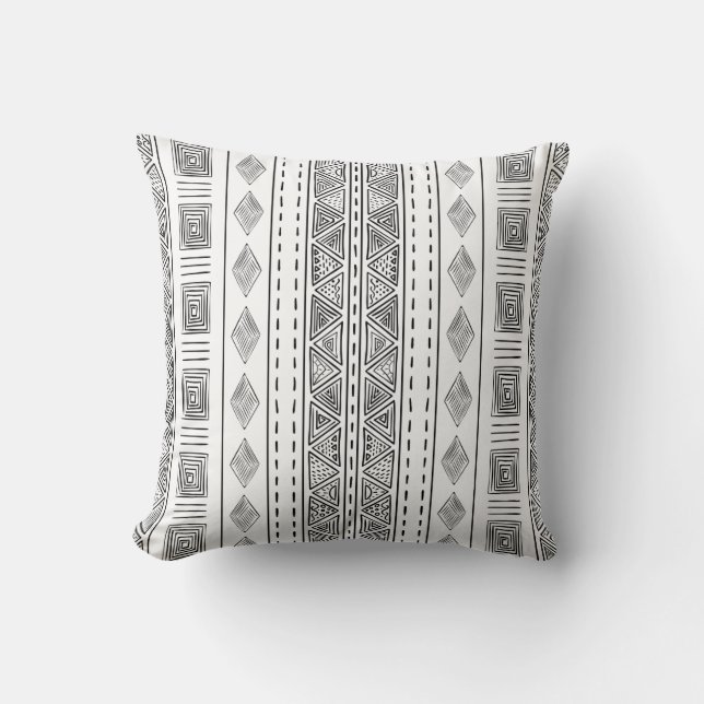 Coussin Motif tribal en tissu de boue blanc et noir (Recto)