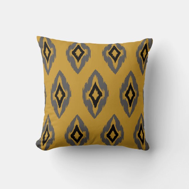 Coussin Motif tribal noir gris 1B d'Ikat de moutarde (Recto)