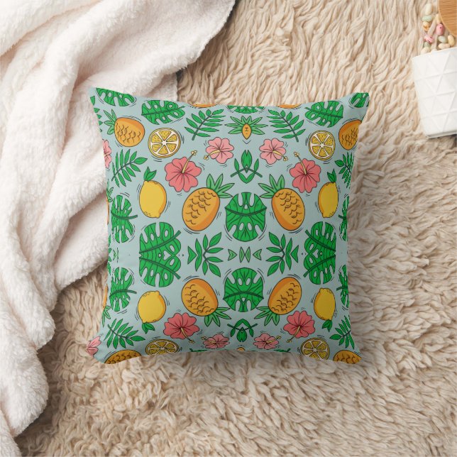 Coussin Motif tropical citron et fleurs roses (Couverture)