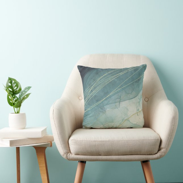 Coussin Motif Turquoise Indigo et Gold Ink Abstrait (Chaise)