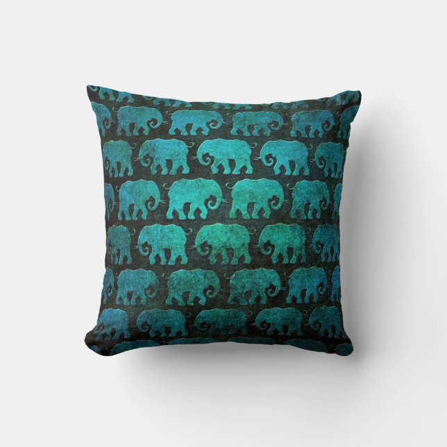 Coussin Motif usé de silhouettes d'éléphant, bleu (Recto)