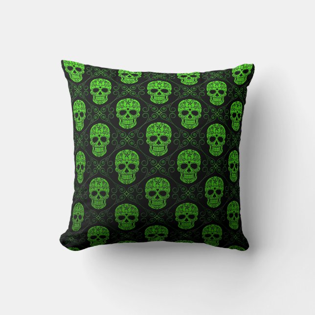 Coussin Motif vert et noir de crâne de sucre (Recto)