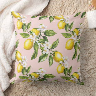 Coussin Motif vintage citron et fleurs sur rose (2)