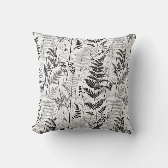Coussin motif vintage noir blanc fougère (Recto)