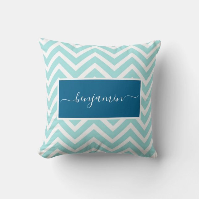 Coussin Motif Zig Zag Chevron Bleu Mignon Nom (Recto)