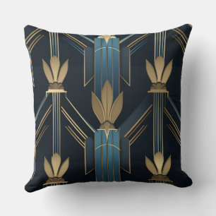 Coussin Motifs Art Déco Bleus et Dorés