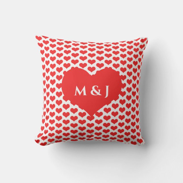 Coussin Motifs Cœur Rouge Monogrammes Saint-Valentin Blanc (Recto)