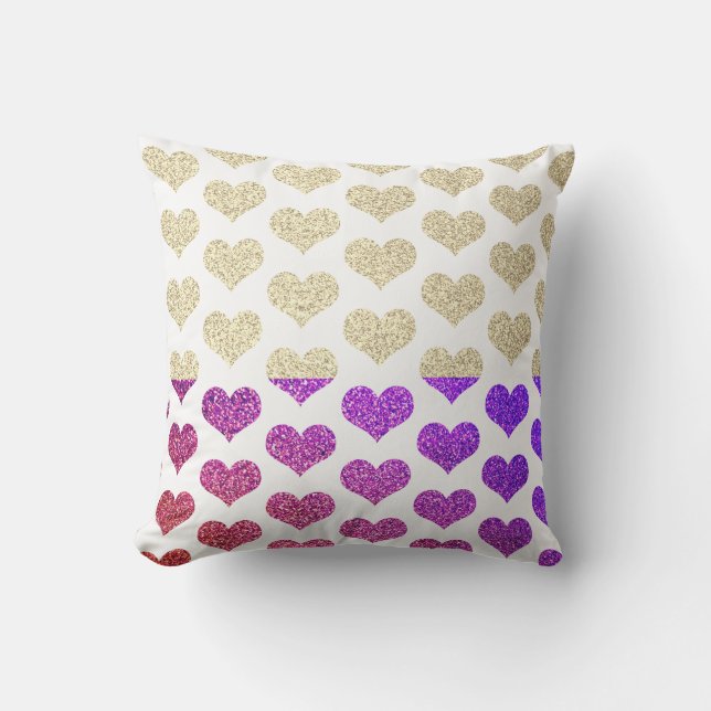 Coussin Motifs de coeur Rose Violet Or Pailleté Ombré (Recto)