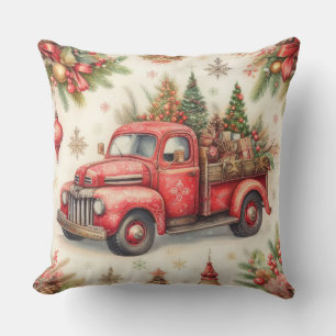 Coussin Motifs de Noël camion rouge aquarelle pour les fêt