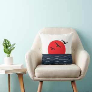 Coussin Mouettes sur Soleil Rouge avec Océan