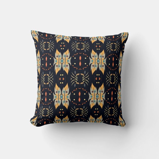 Coussin moutarde Feuille Boho jaune et bleu (Recto)