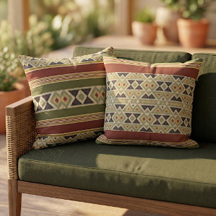 Coussin Moutarde Ocre Rouge Olive Drab Vert Ikat Art