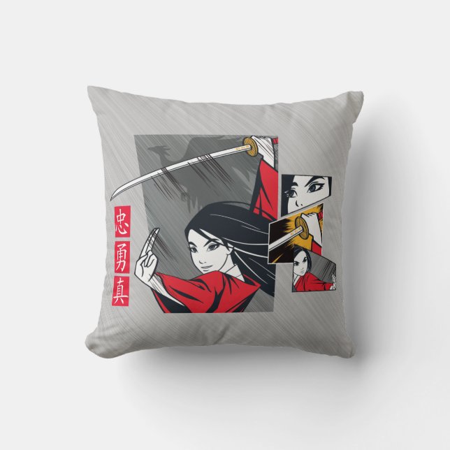 Coussin Mulan avec panneaux illustrés d'épée (Recto)
