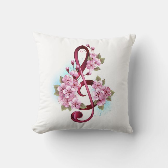 Coussin Musical treble clef notes with sakura flowers (Recto)
