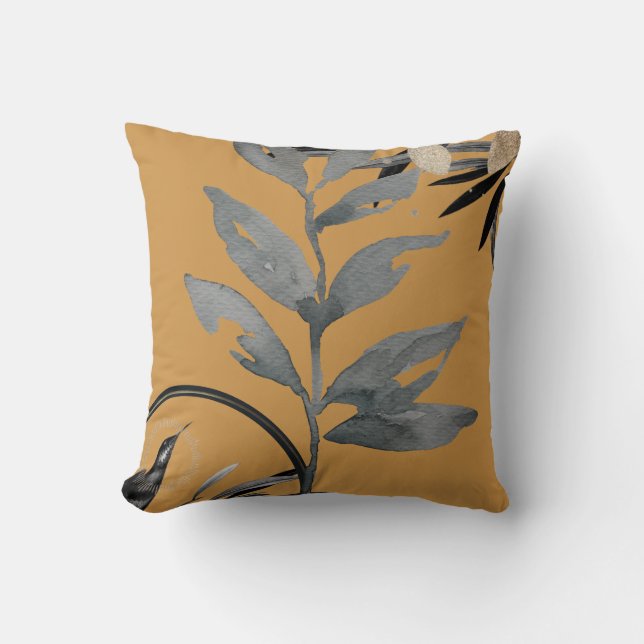 Coussin Mustard & Gris Feuilles d'aquarelle artistique (Recto)