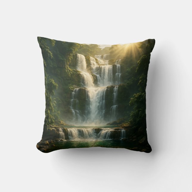 Coussin Mystical Forest Waterfall Nature Throw Pillow (Recto)
