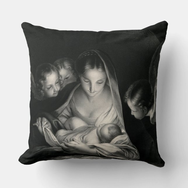 Coussin Nativité Jésus Vierge Marie Anges Noir Blanc (Recto)