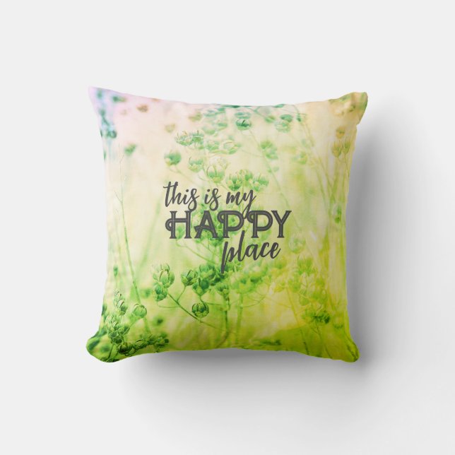 Coussin nature art avec texte vert mon endroit heureux (Recto)