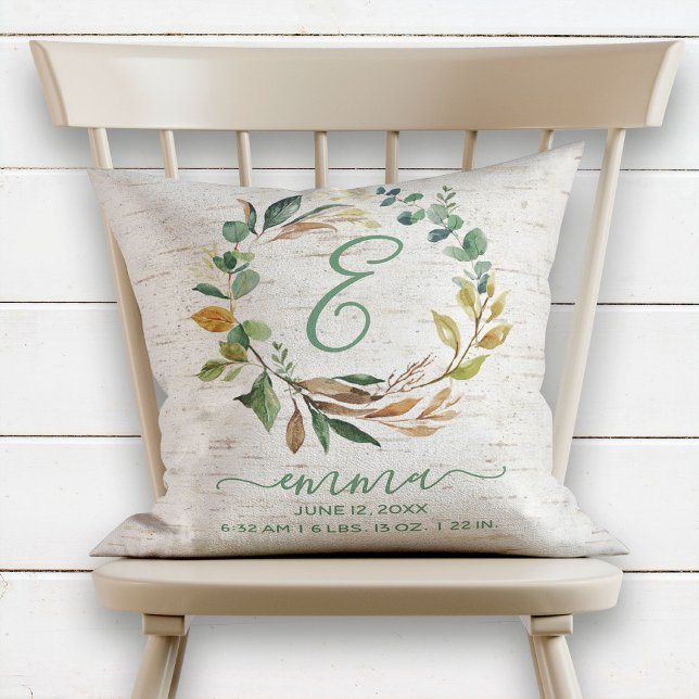 Coussin Nature Birch Green Wreath Bébé statistiques de nai (Créateur téléchargé)