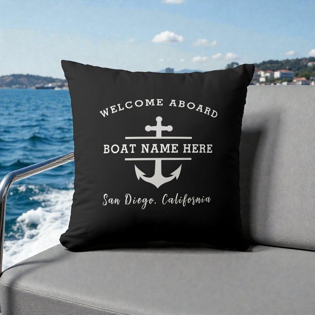 Coussin Nautical Boat Name Welcome Aboard Anchor Black (Créateur téléchargé)